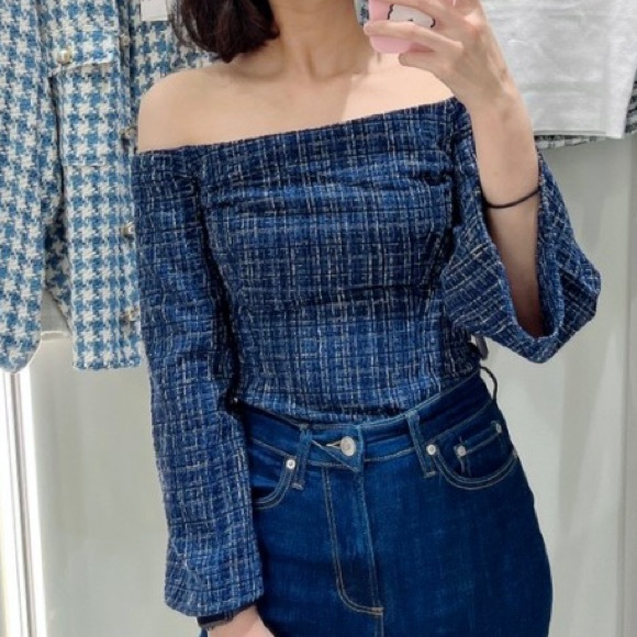Zara NWT tweed off the shoulder peplum top - blue & black textured blouse - Picture 10 of 16